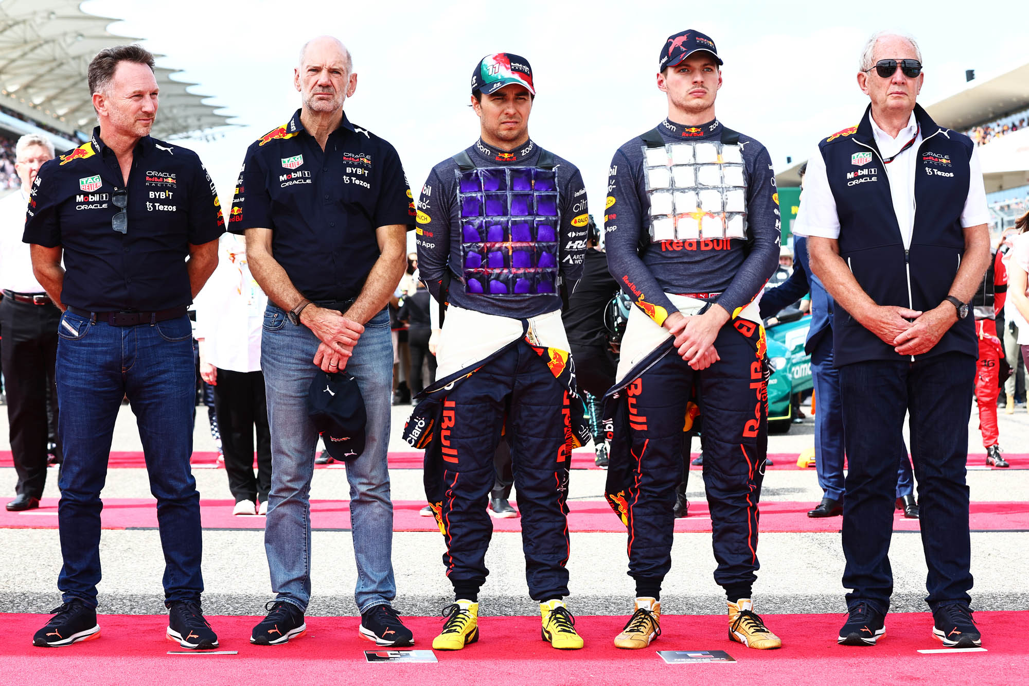 Christian Horner, Adrian Newey, Sergio Perez, Max Verstappen, Helmut Marko