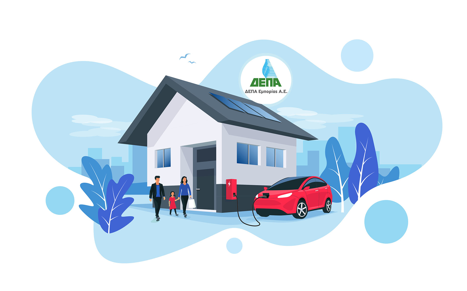 Electric car parking charging at home wall box charger station on house with a family. Renewable energy storage with solar panels and smart city skyline in background. Vector illustration.