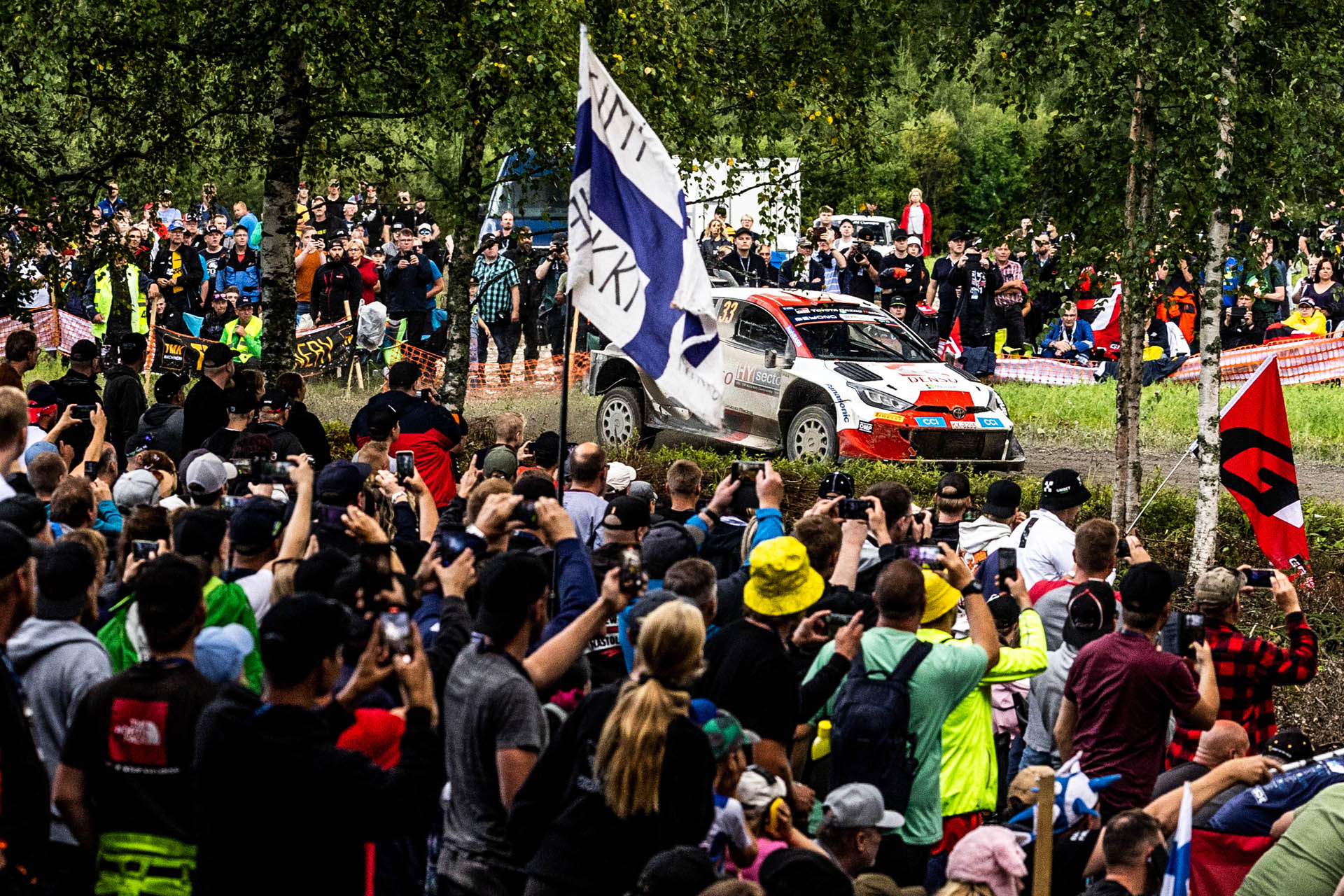 Elfyn Evans (GBR) and Scott Martin (GBR) are seen performing at FIA World Rally Championship Finland on 4 August 2023 // @World / Red Bull Content Pool // SI202308040278 // Usage for editorial use only //