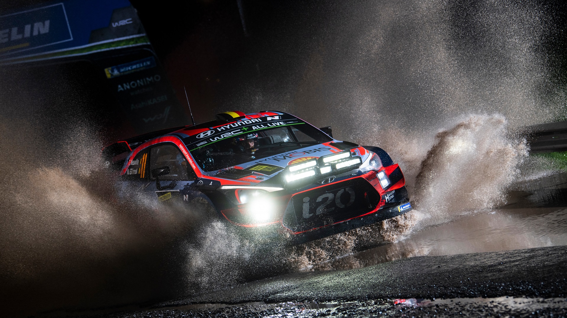 Thierry Neuville (BEL) Nicolas Gilsoul (BEL) of team Hyundai Shell Mobis WRT are seen racing at special stage nr. 1 - Oulton Park on day 1 during the World Rally Championship Great Britain in Llandudno, United Kingdom on October 3, 2019 // Jaanus Ree / Red Bull Content Pool // SI201910030515 // Usage for editorial use only //